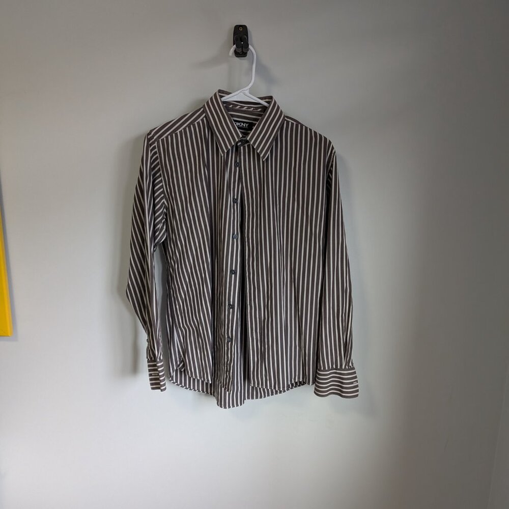Brown and White Striped DKNY Dress Shirt